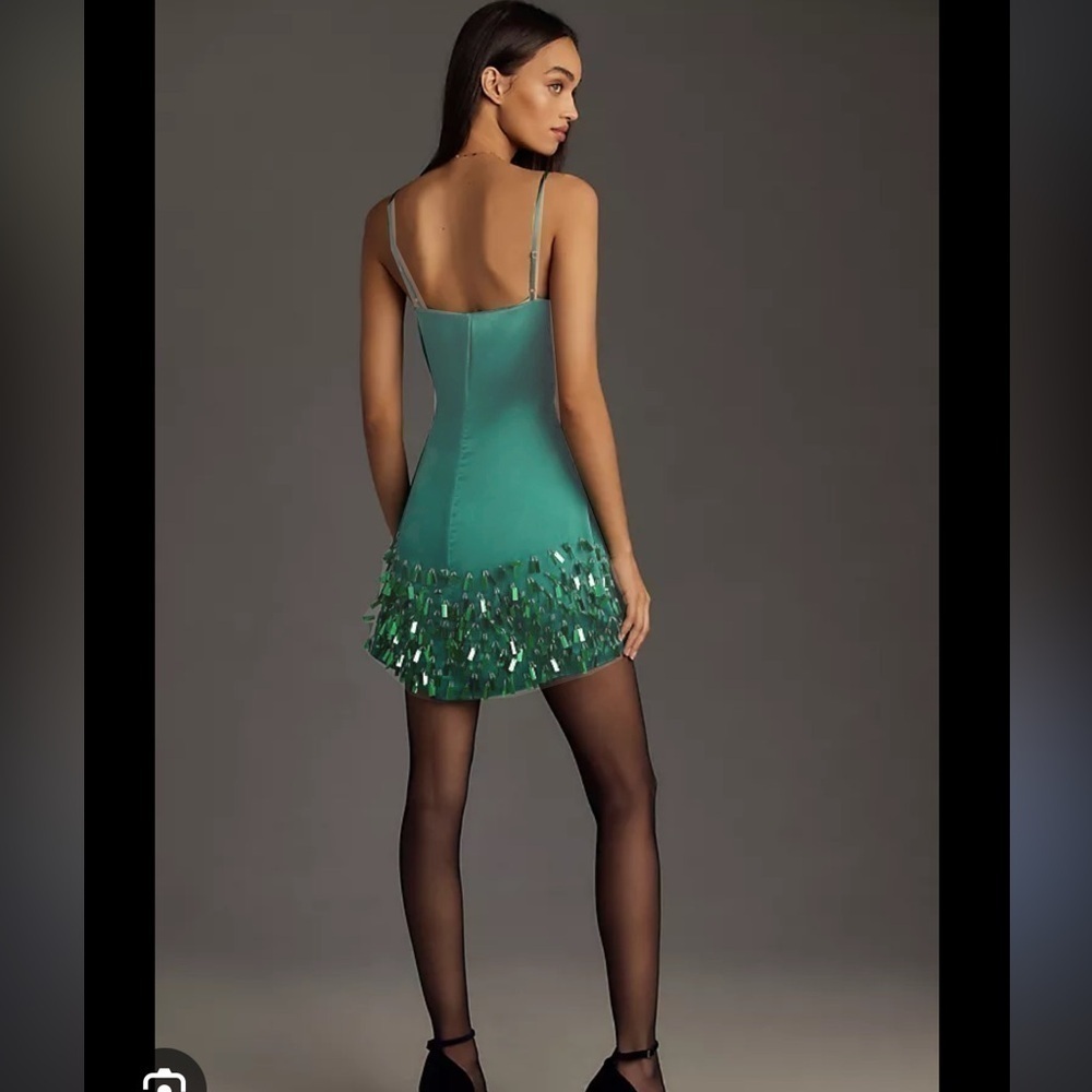 Rhode- NWT Green Silk Rhett Tassel Thin Strap Mini Cocktail Dress - Picture 2 of 8